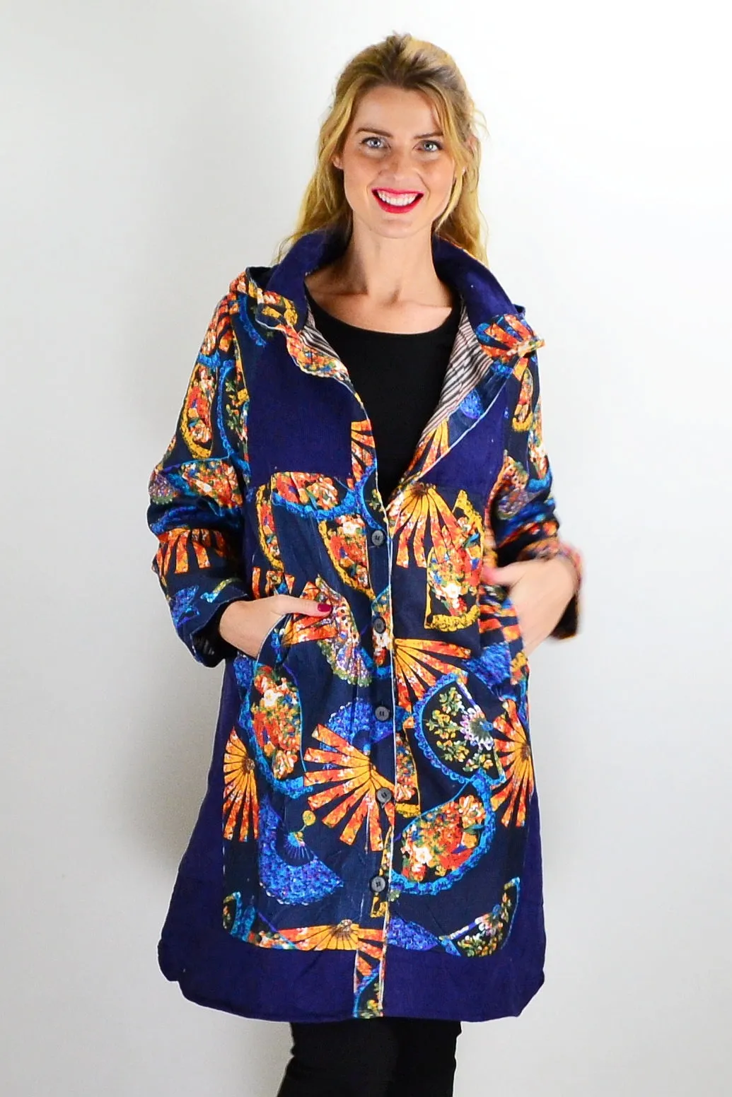 Abstract Print Blue Orange Corduroy Jacket