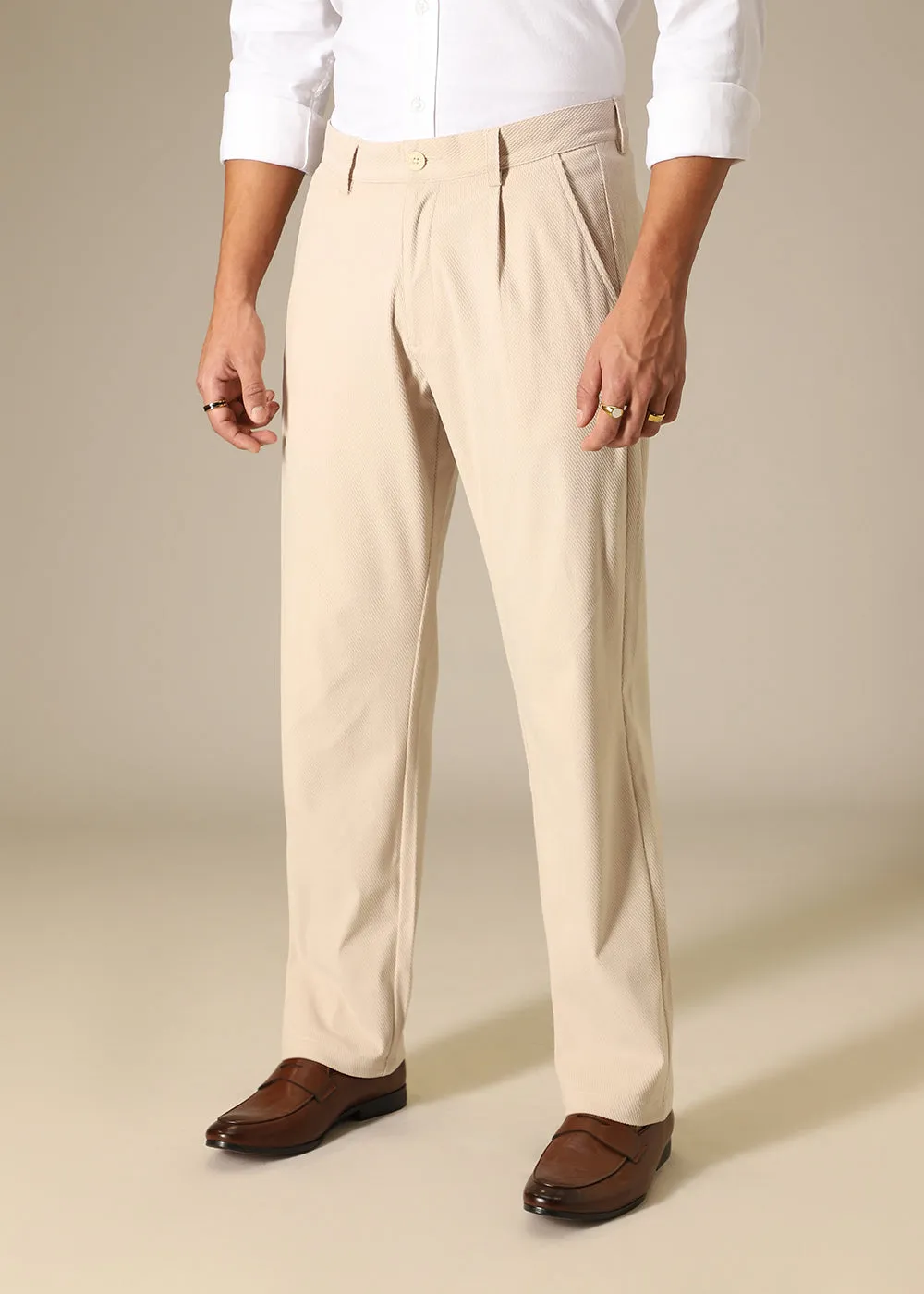 Beige Textured Corduroy Pant