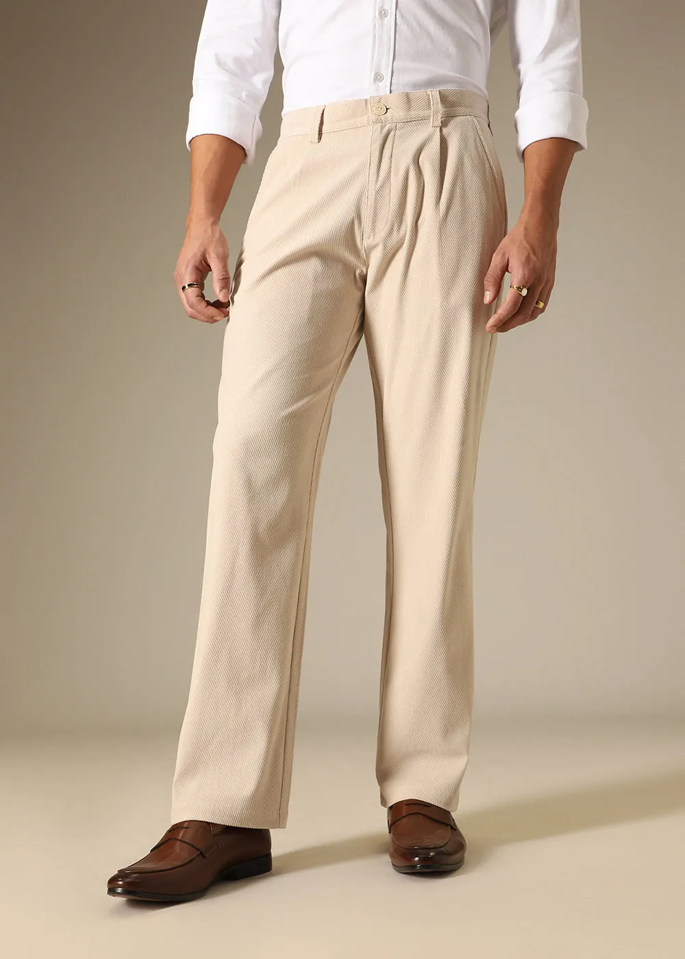 Beige Textured Corduroy Pant