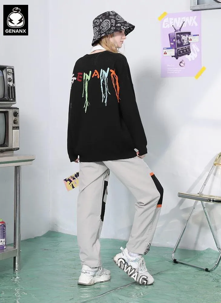 Black Letter Print Crew Neck Drop-Shoulder Sleeve Sweater