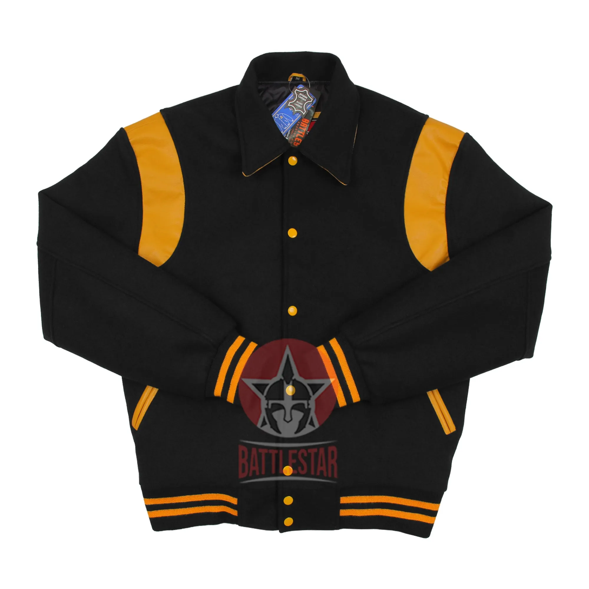 Byron Collar Black Wool Gold Yellow Leather Stripes Varsity Baseball Jacket