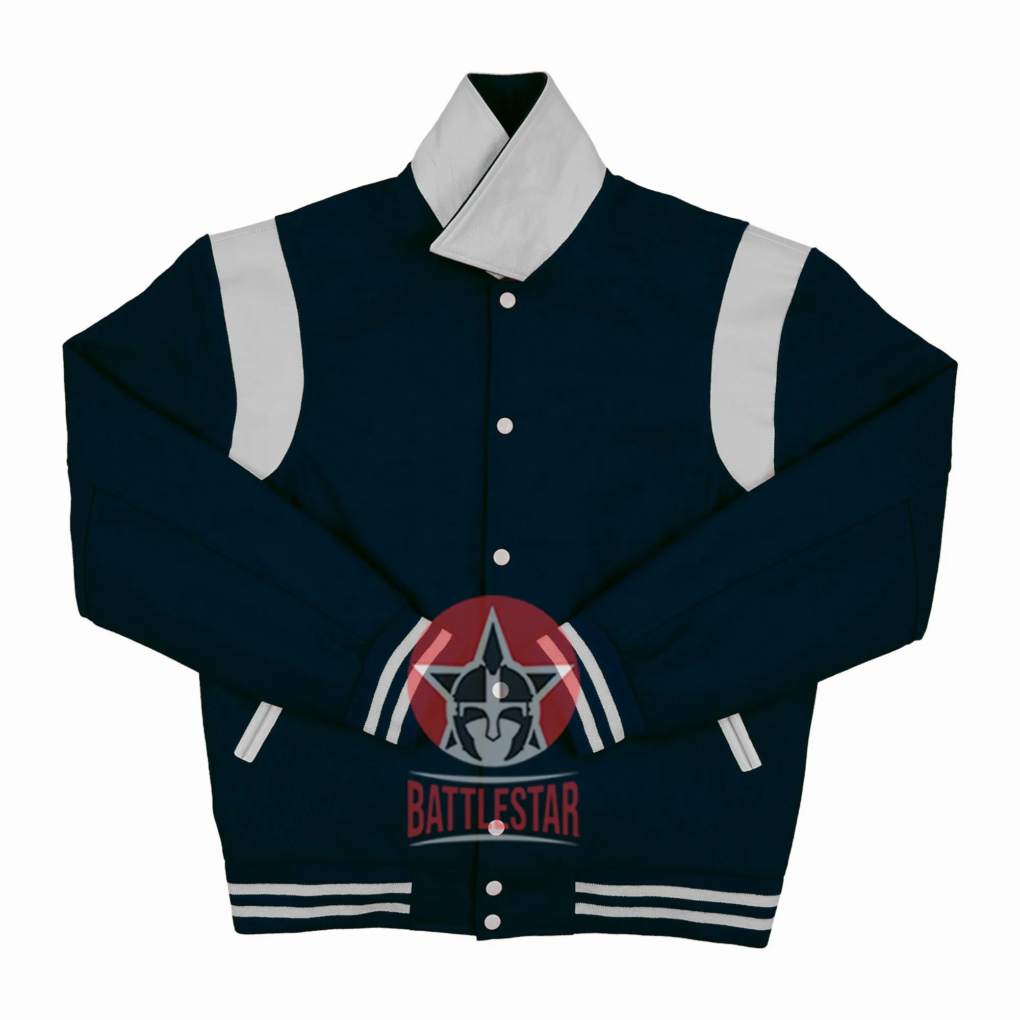 Byron Collar Navy Blue Wool White Leather Stripes Varsity Baseball Jacket