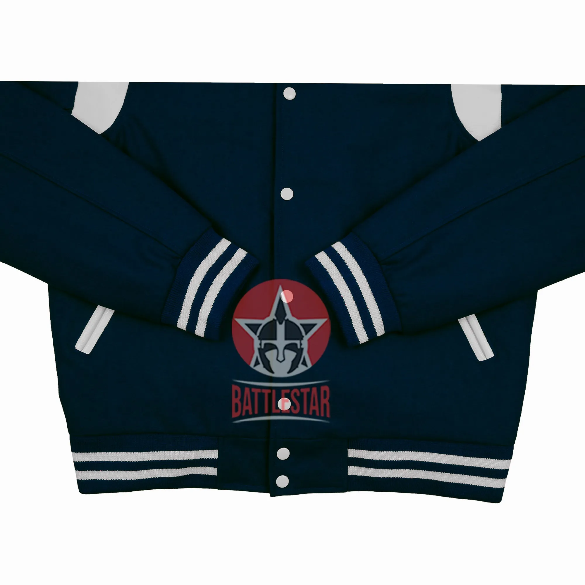 Byron Collar Navy Blue Wool White Leather Stripes Varsity Baseball Jacket