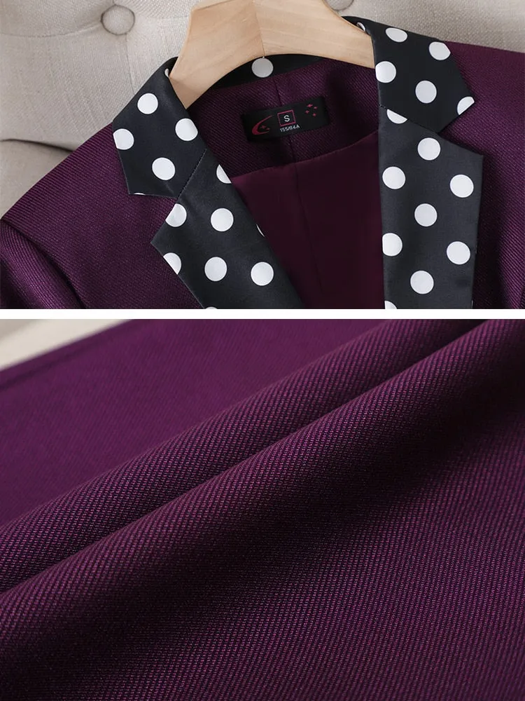 CAROLINE SUITS Women's Elegant Stylish Fashion Polka Dots Design Office Purple Blazer Jacket & Pants Suit Set