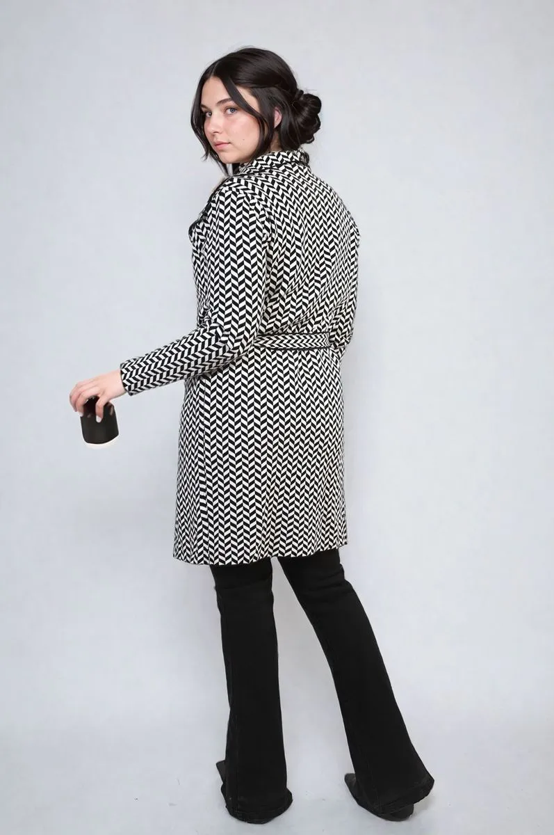 Check Print Full Sleeve Notched Lapel Collar Neck Belted Coat