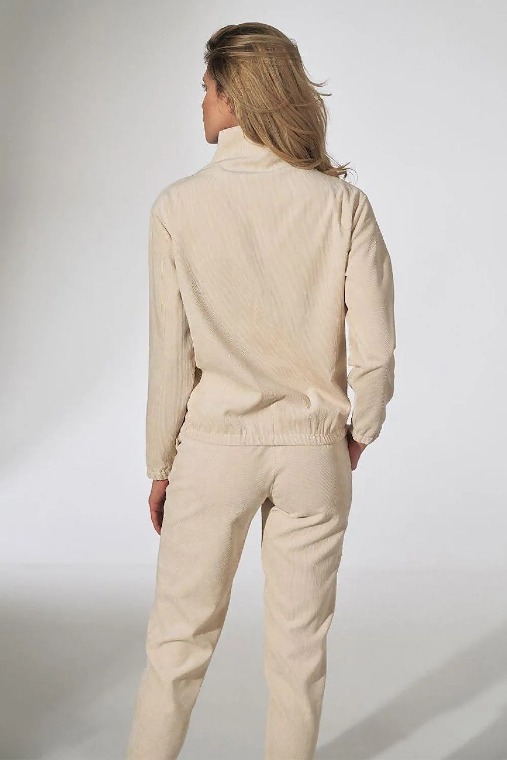 Chic Beige Corduroy Collared Sweatshirt with Trendy Zipper Detail