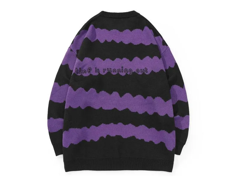 Dark Purple Stripe Jacquard Crew Neck Sweater