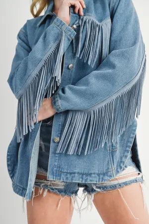 DENIM BUTTON DOWN FRINGE JACKET