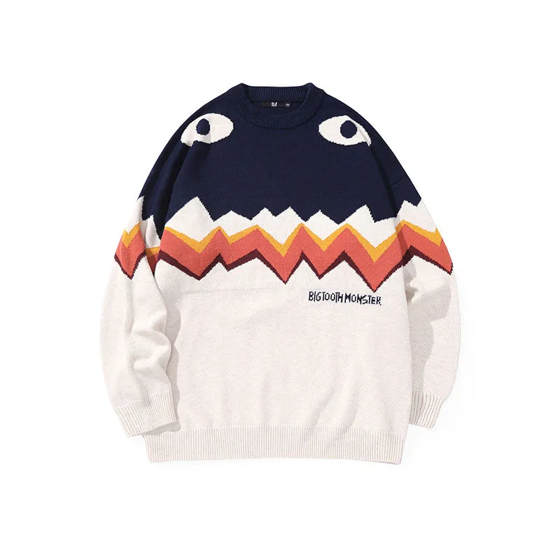 Fade color Cute Big tooth monster jacquard crew-neck sleeved sweater