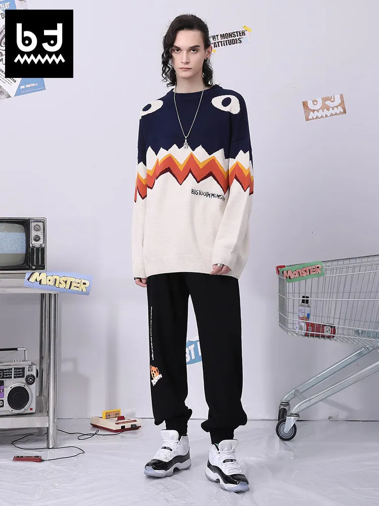 Fade color Cute Big tooth monster jacquard crew-neck sleeved sweater