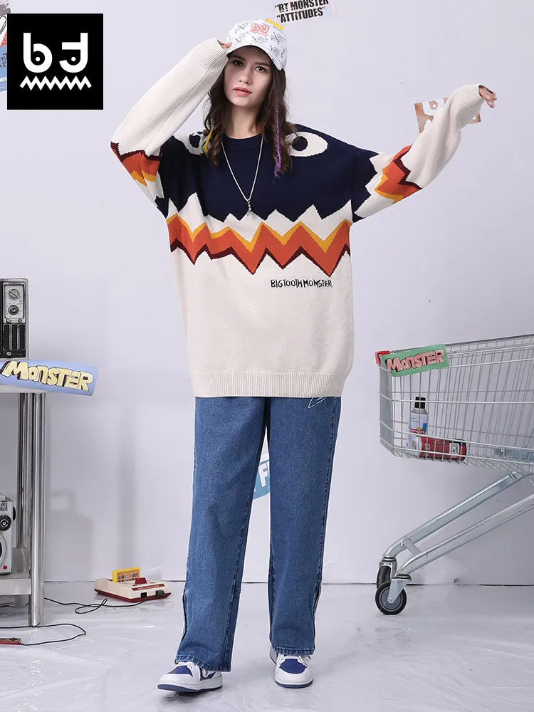 Fade color Cute Big tooth monster jacquard crew-neck sleeved sweater