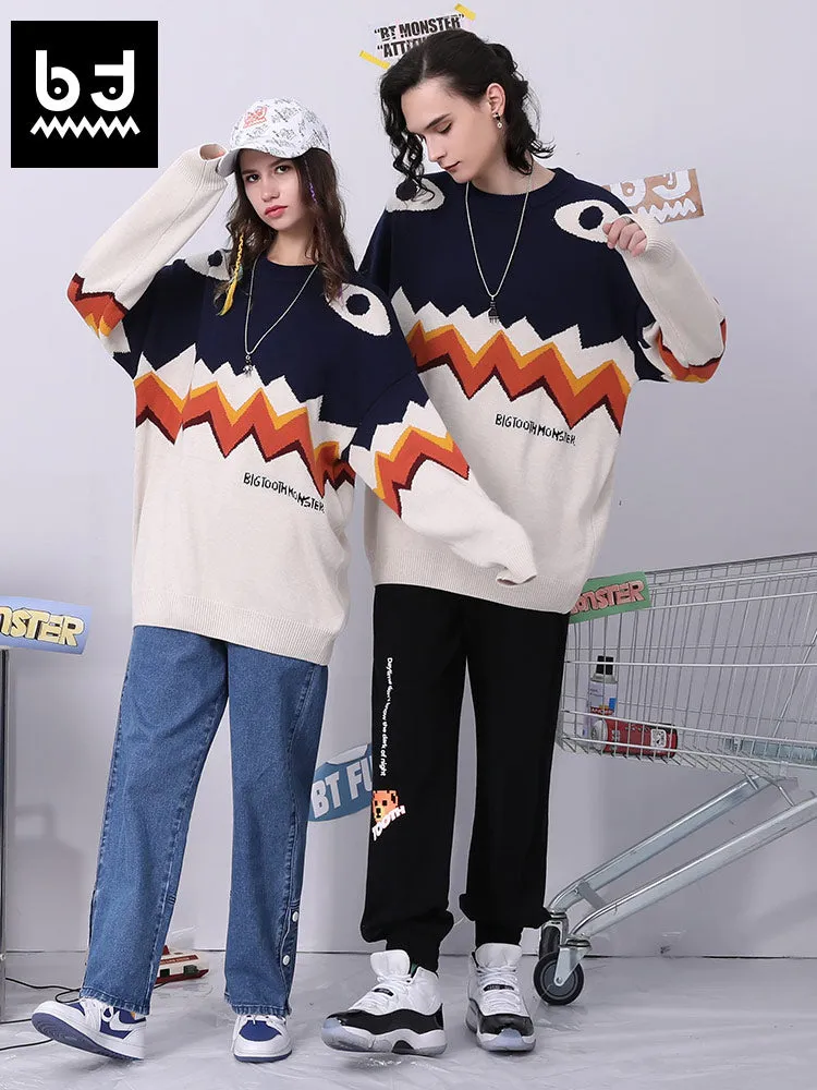 Fade color Cute Big tooth monster jacquard crew-neck sleeved sweater