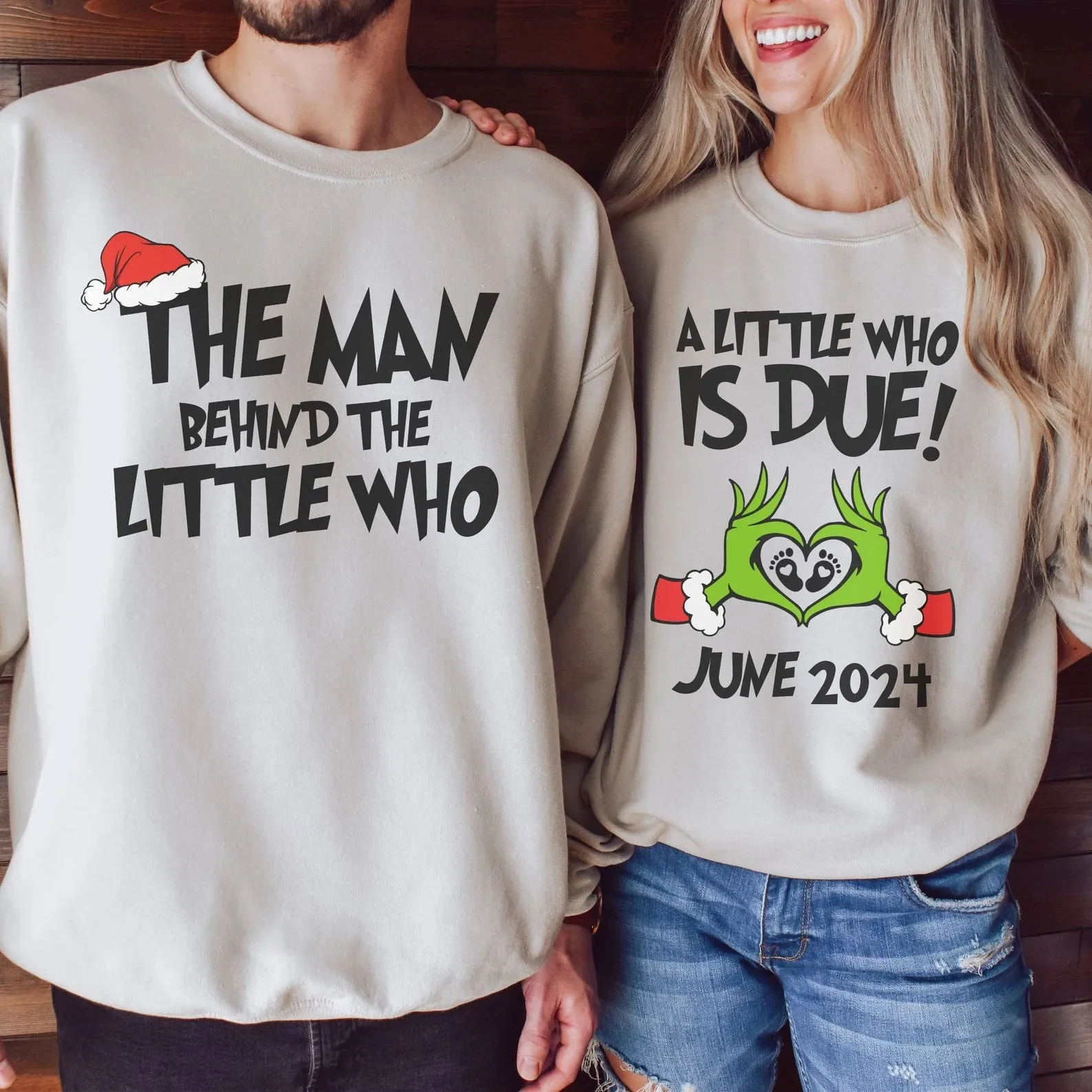 Grinch-Themed Pregnancy Announcement Sweatshirts – Matching Christmas Gender Reveal Crewneck for Expecting Couples