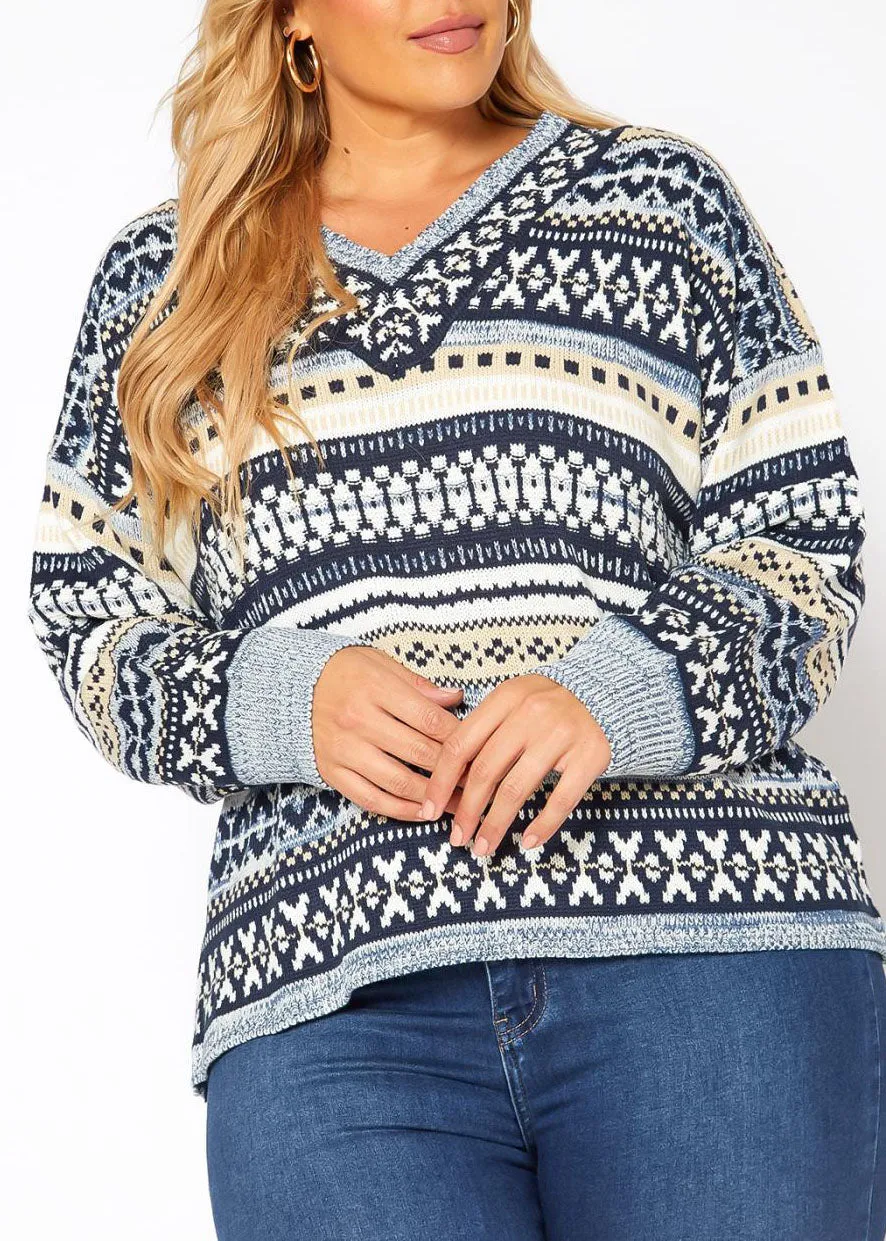 Hi Curvy Plus Size Women Multi Snowflake Knit Sweater