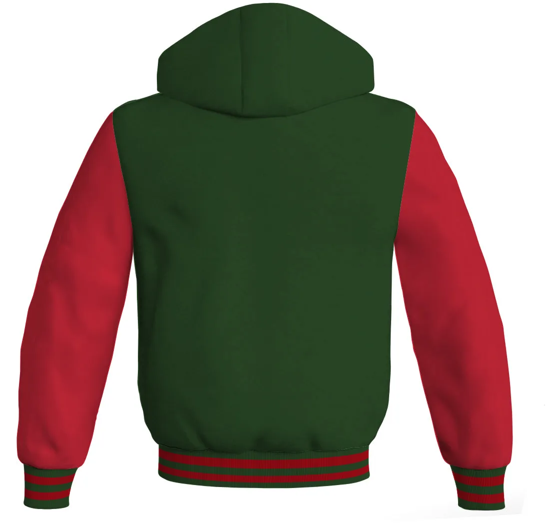 Hoodie Jackets Forest Green Body and Red Leather Sleeves Bomber Jacket