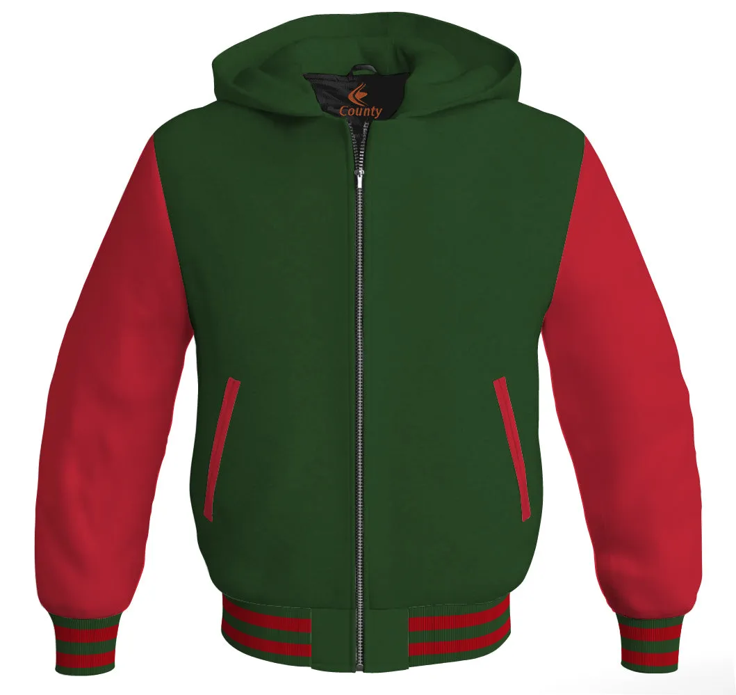 Hoodie Jackets Forest Green Body and Red Leather Sleeves Bomber Jacket