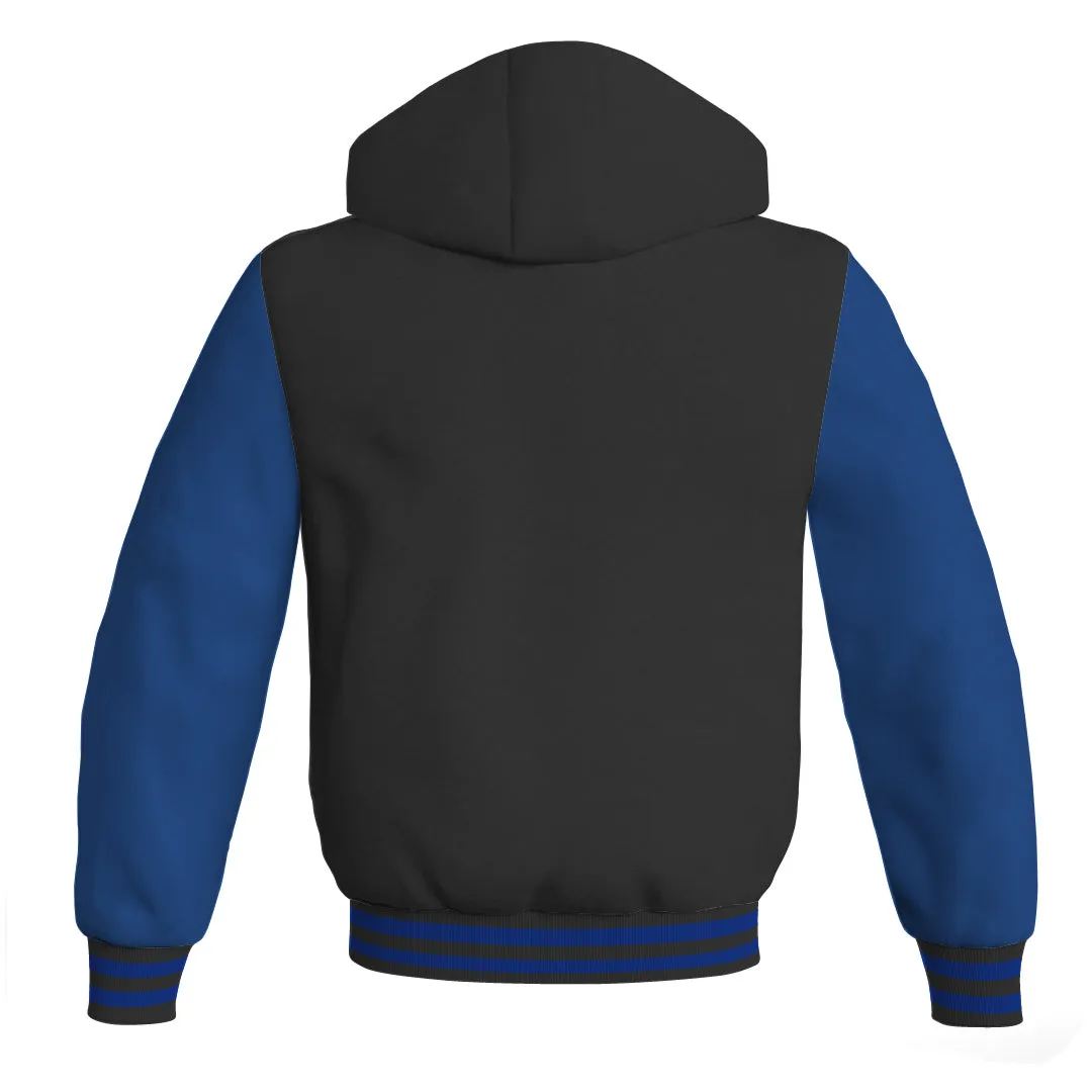 Hoodies For Men Black Body and Blue Leather Sleeves Varsity Hoodie