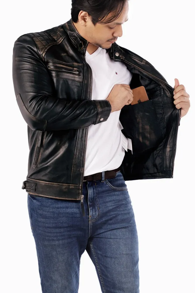 Men's Casual Signature Diamond Lambskin Leather Jacket-Vintage Black