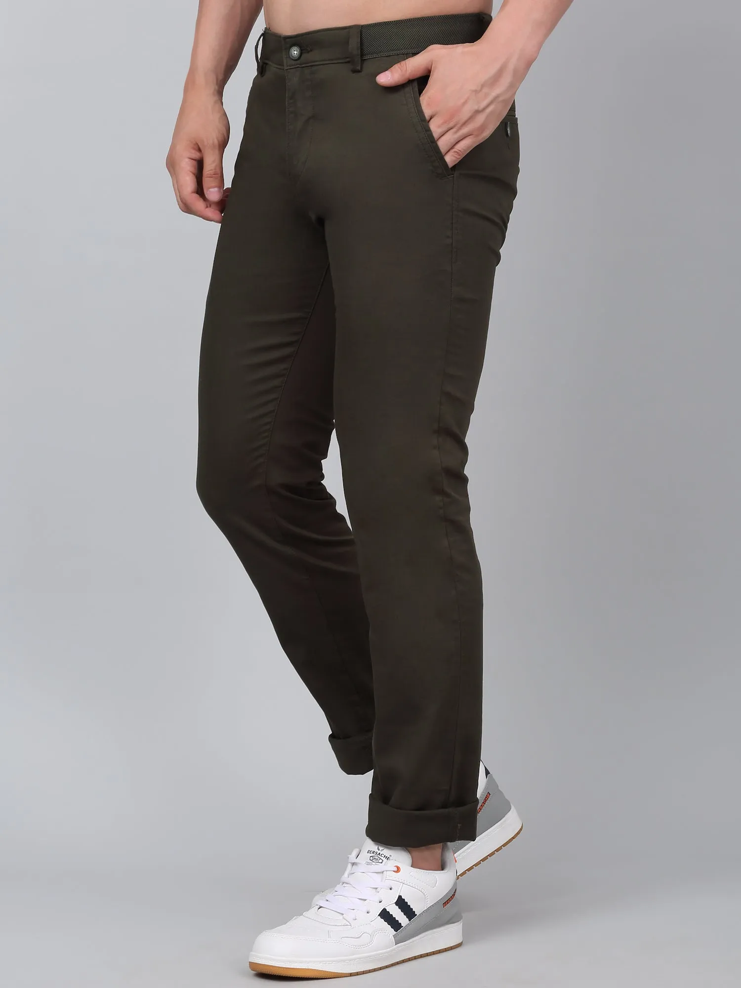 Men's Dark Green Self-Design Non-Pleated Stretchable Casual Trouser