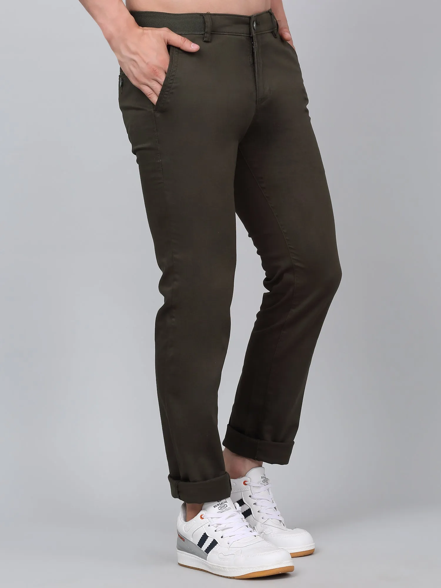 Men's Dark Green Self-Design Non-Pleated Stretchable Casual Trouser