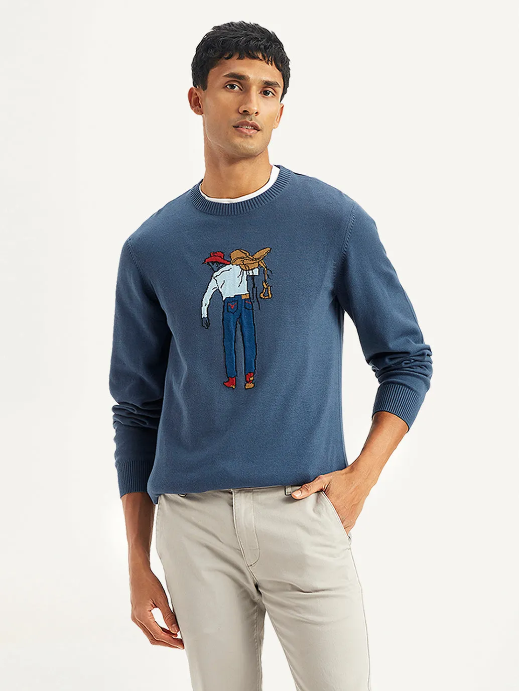 Men's Graphic Print Blue Crew Neck Sweater