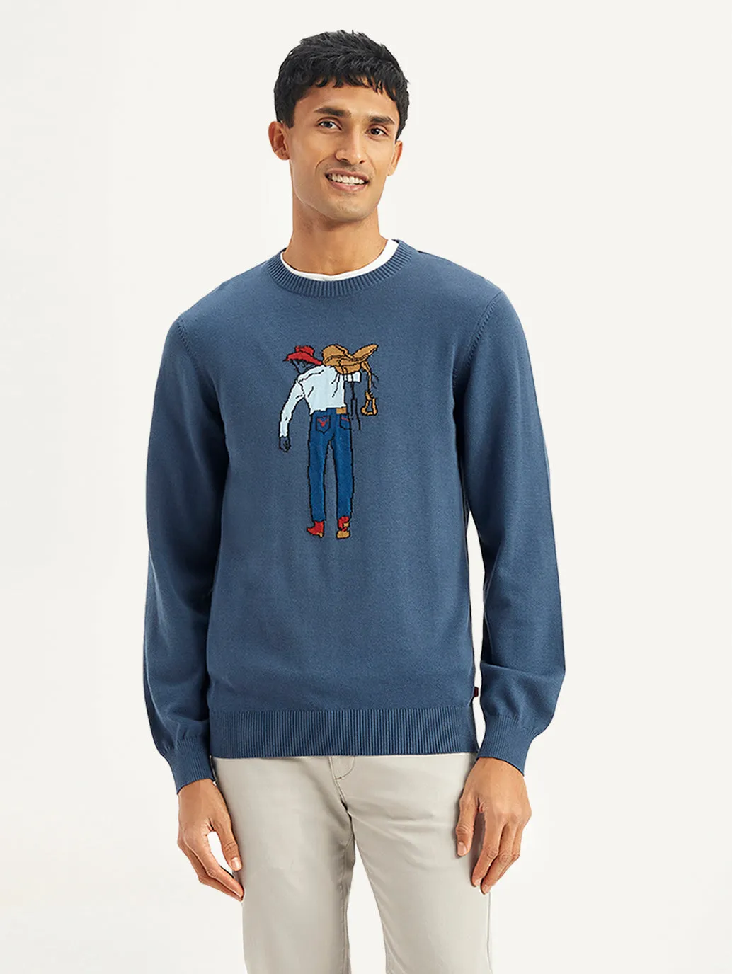 Men's Graphic Print Blue Crew Neck Sweater