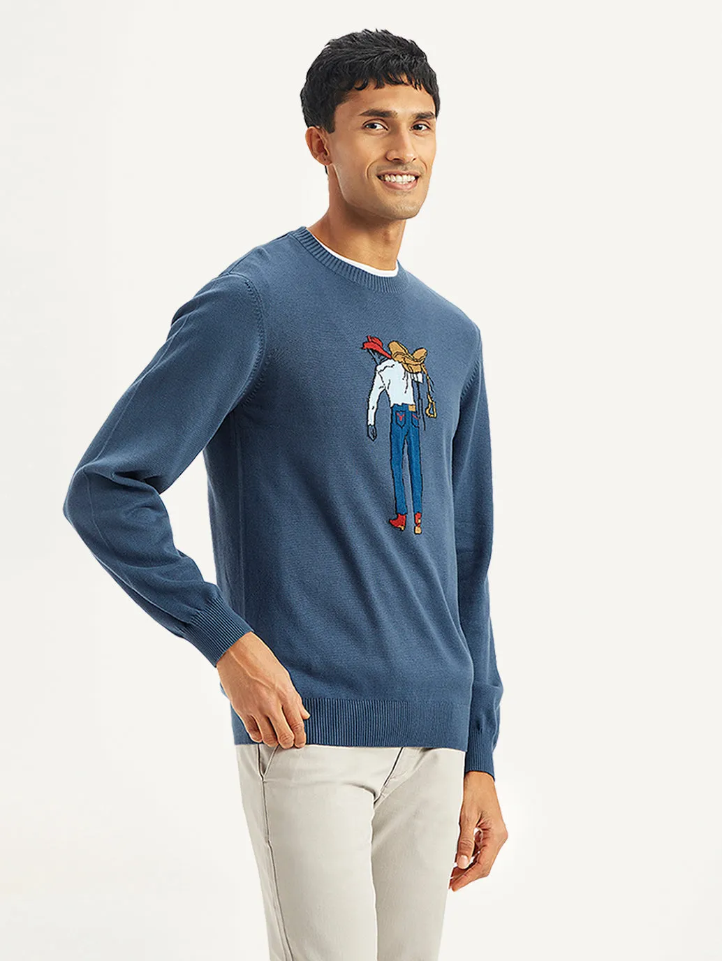 Men's Graphic Print Blue Crew Neck Sweater