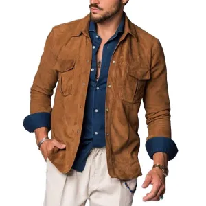 Men's Vintage Suede Double Breast Pocket Lapel Overshirt 49857209Y