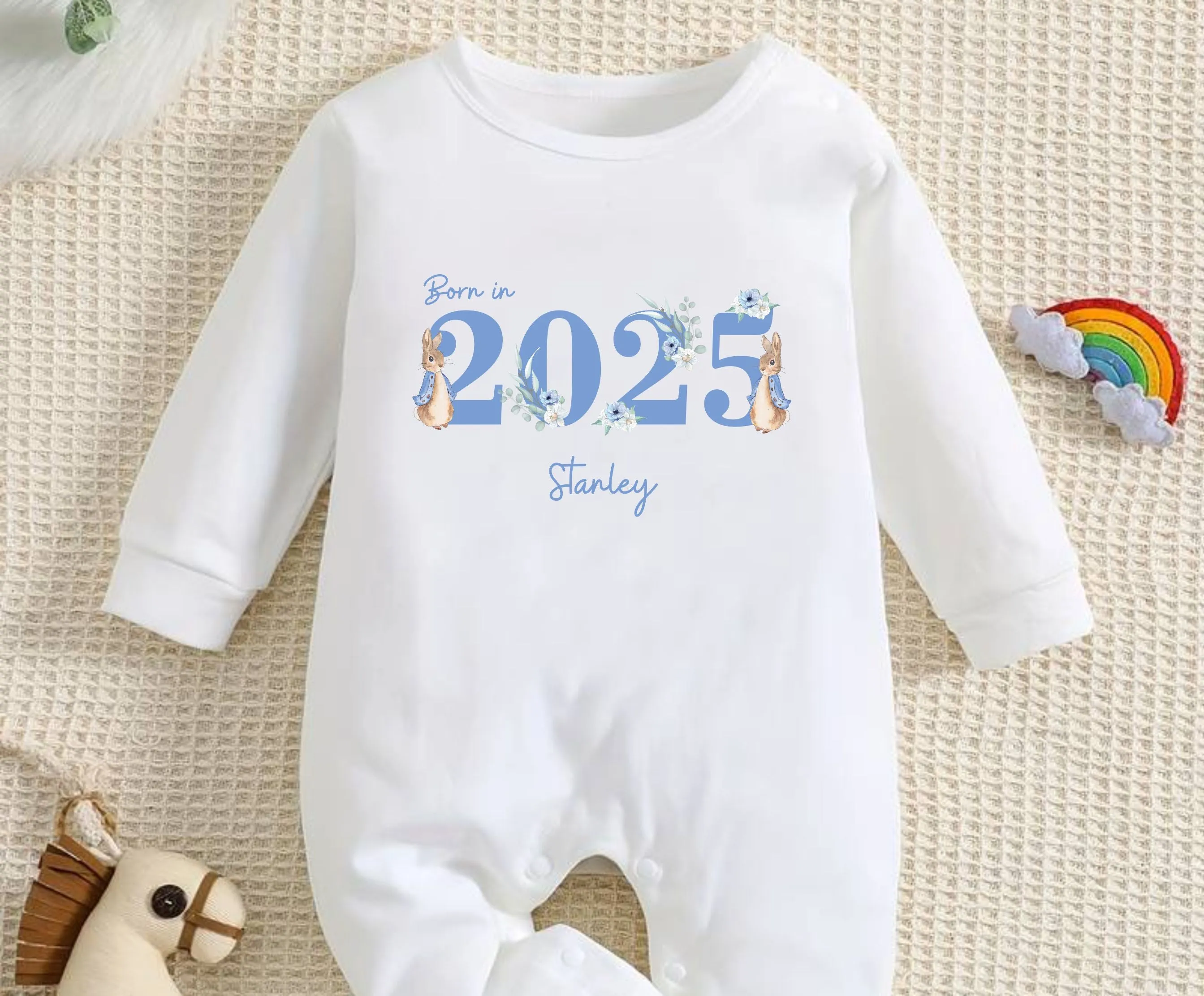 Personalised Peter Rabbit Born in 2025 Baby Outfit, Coming Home - New baby arrival Vest, Rompersuit