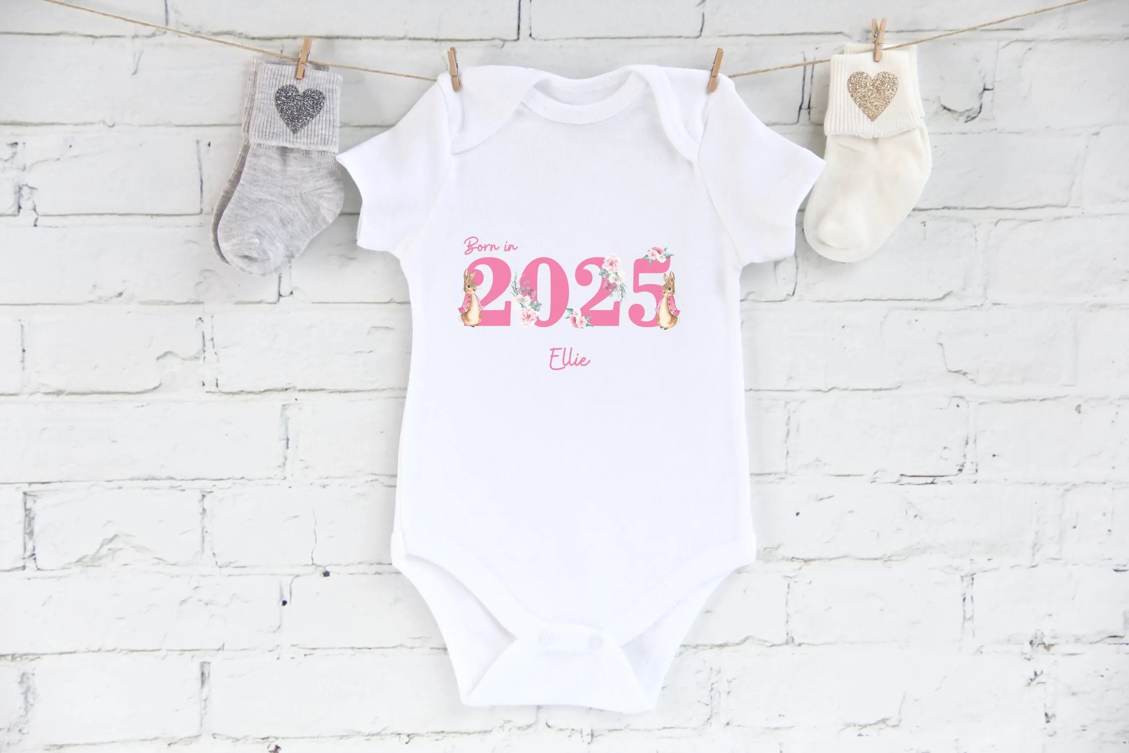 Personalised Peter Rabbit Born in 2025 Baby Outfit, Coming Home - New baby arrival Vest, Rompersuit