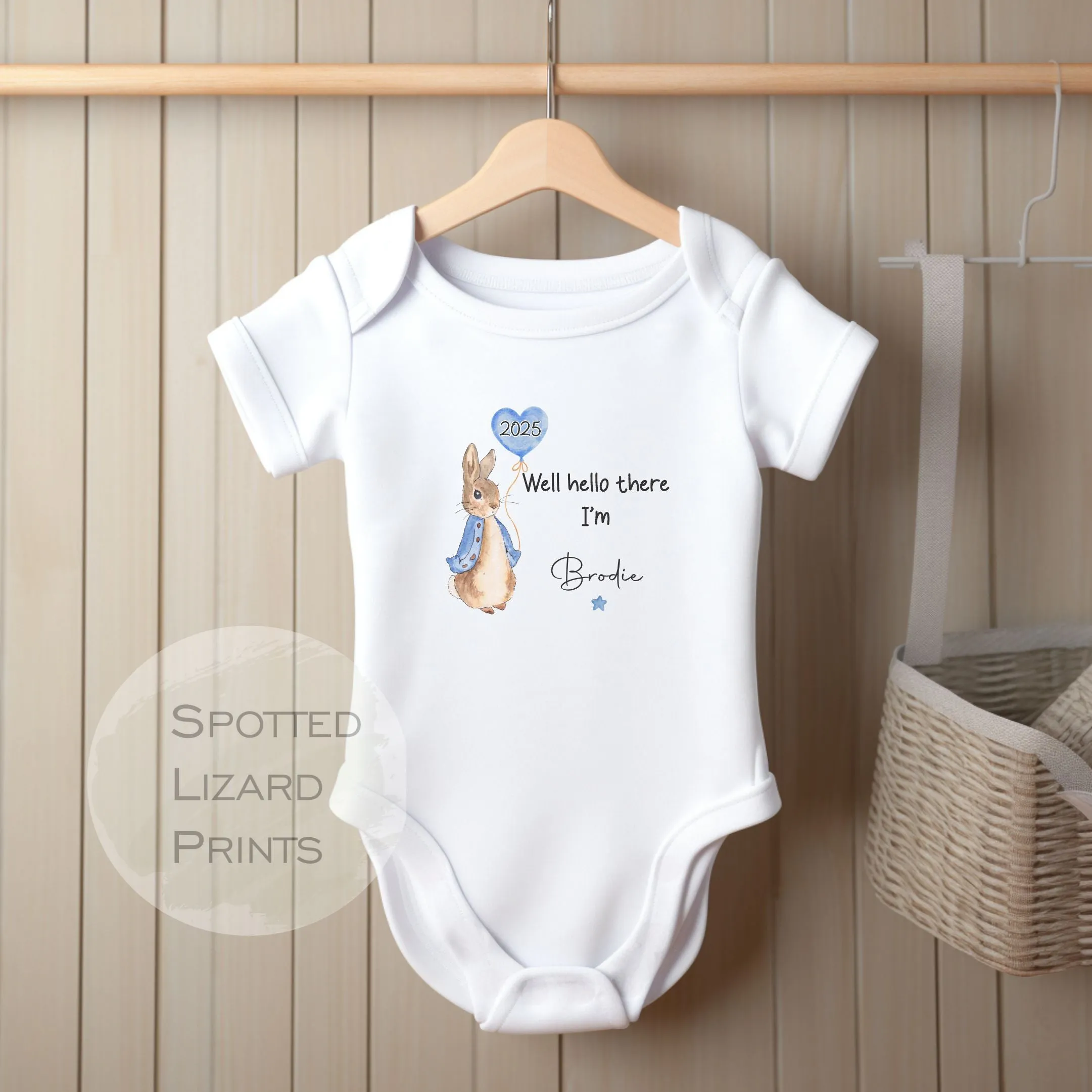 Personalised Peter Rabbit Born in 2025 Baby Vest, Baby Rompersuit- Hello there I'm, New Baby Coming home outfit