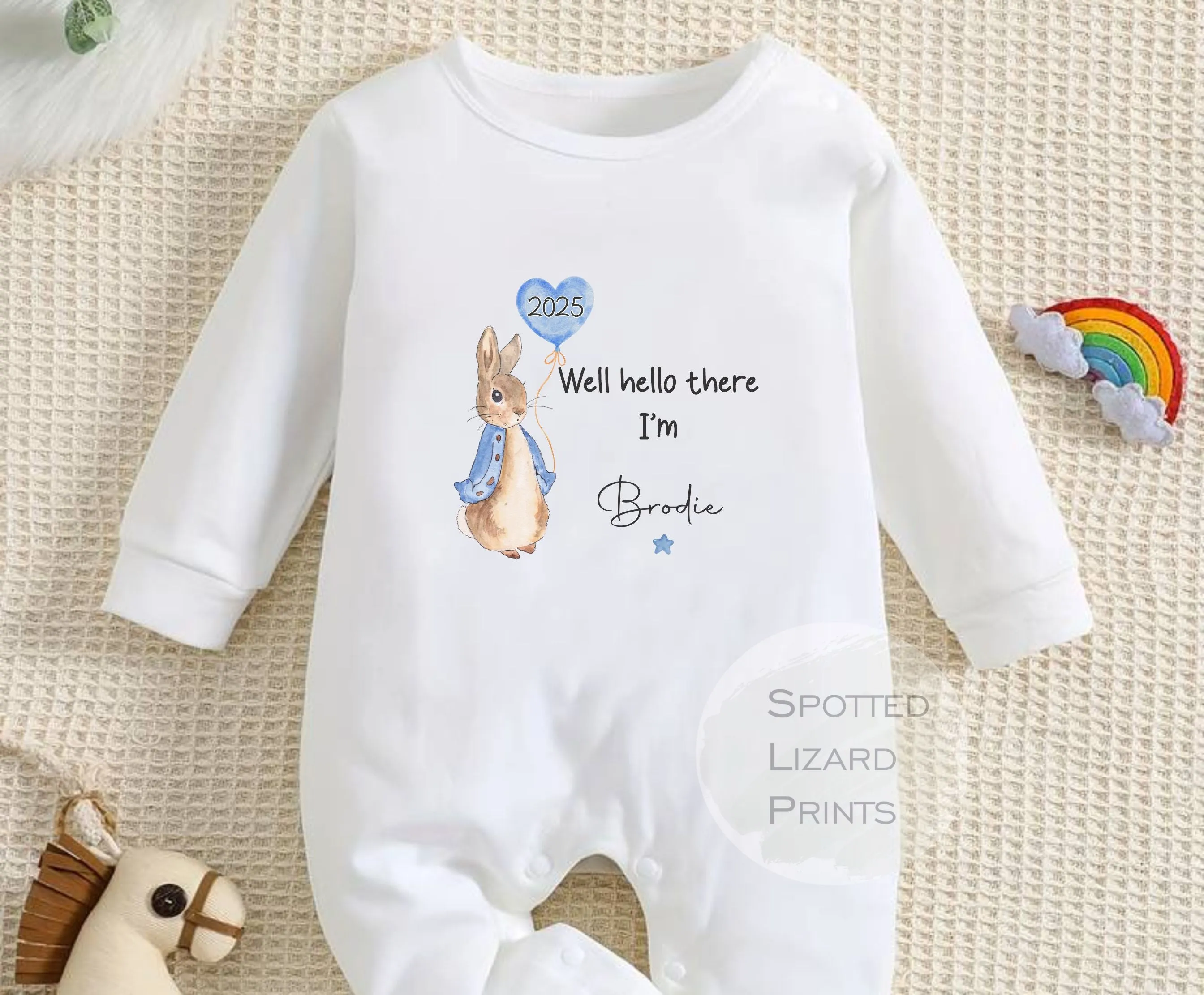 Personalised Peter Rabbit Born in 2025 Baby Vest, Baby Rompersuit- Hello there I'm, New Baby Coming home outfit