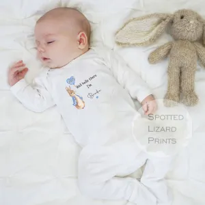 Personalised Peter Rabbit Born in 2025 Baby Vest, Baby Rompersuit- Hello there I'm, New Baby Coming home outfit