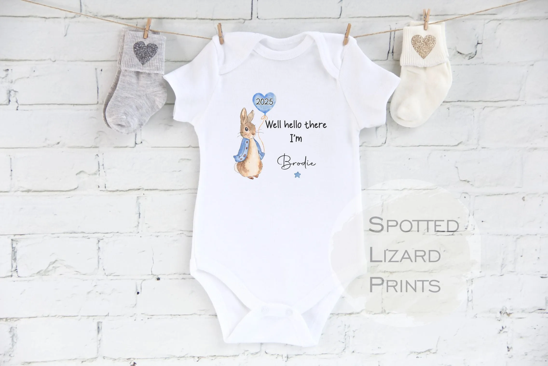 Personalised Peter Rabbit Born in 2025 Baby Vest, Baby Rompersuit- Hello there I'm, New Baby Coming home outfit