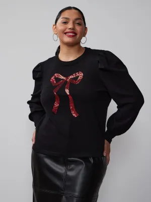 Plus Crew Neck Sequin Bow Sweater