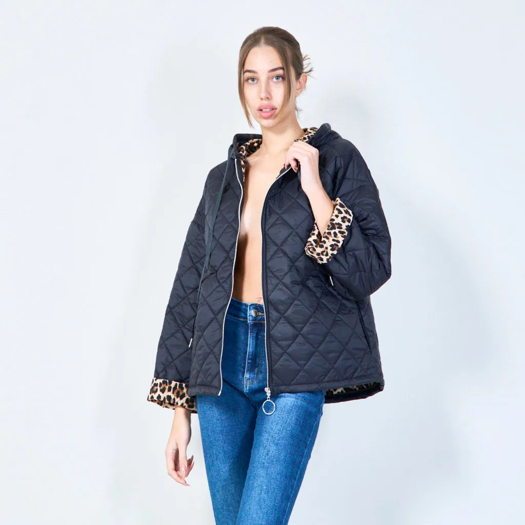 Quilted hooded jacket with animal print lining wholesale