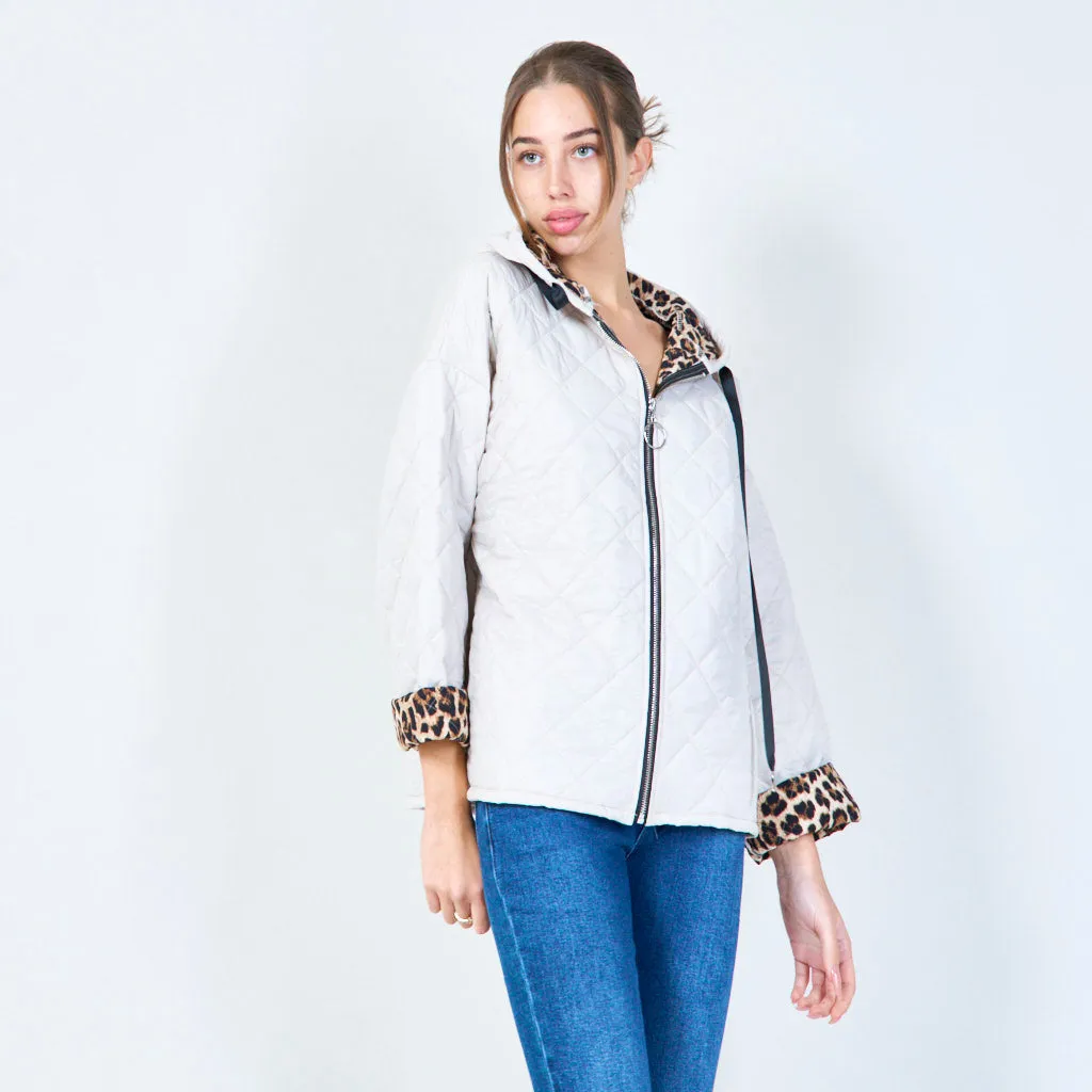 Quilted hooded jacket with animal print lining wholesale