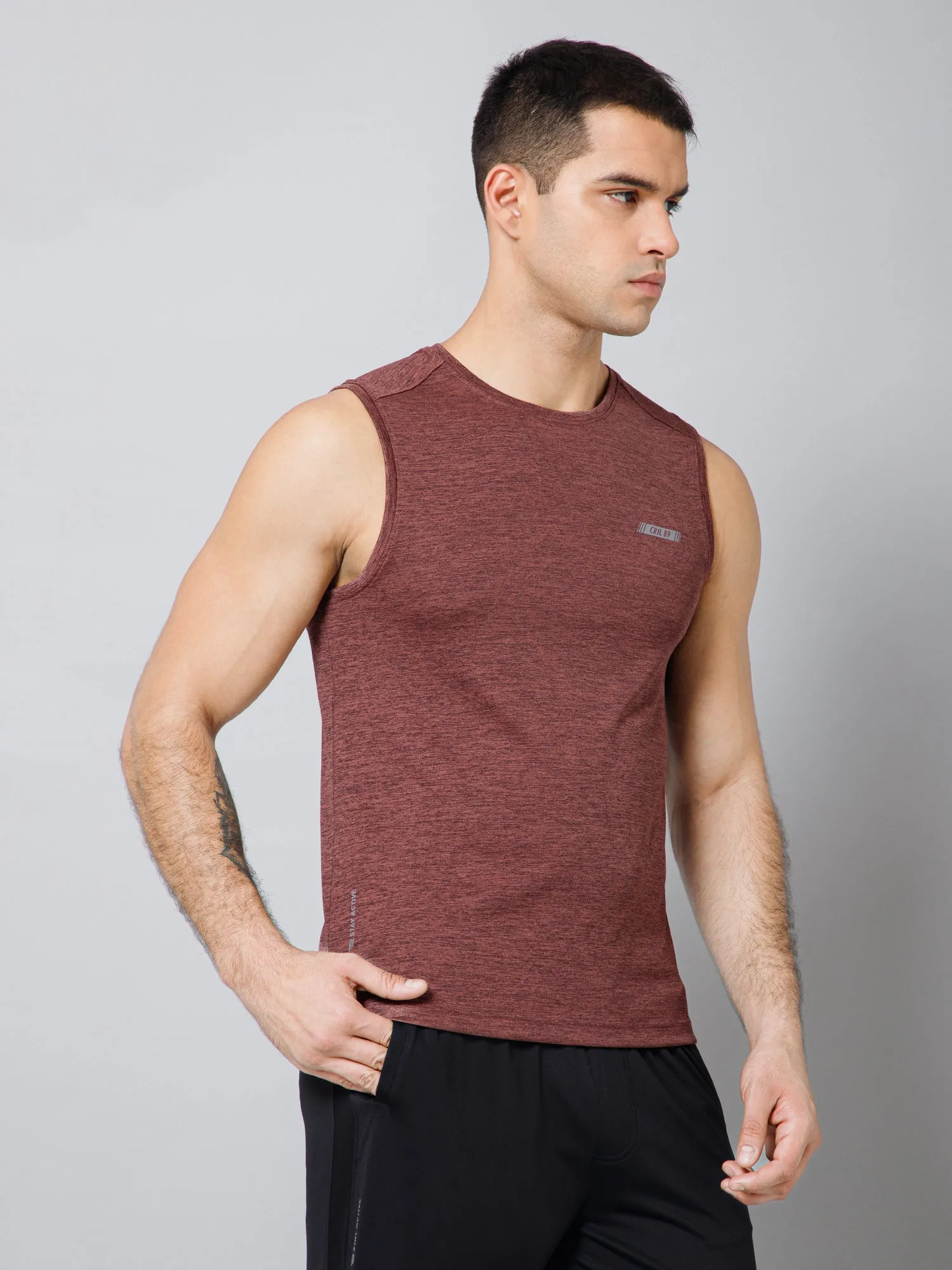 Regular Fit Solid Round Neck Sleeveless Wine Active Wear T-Shirt for Men