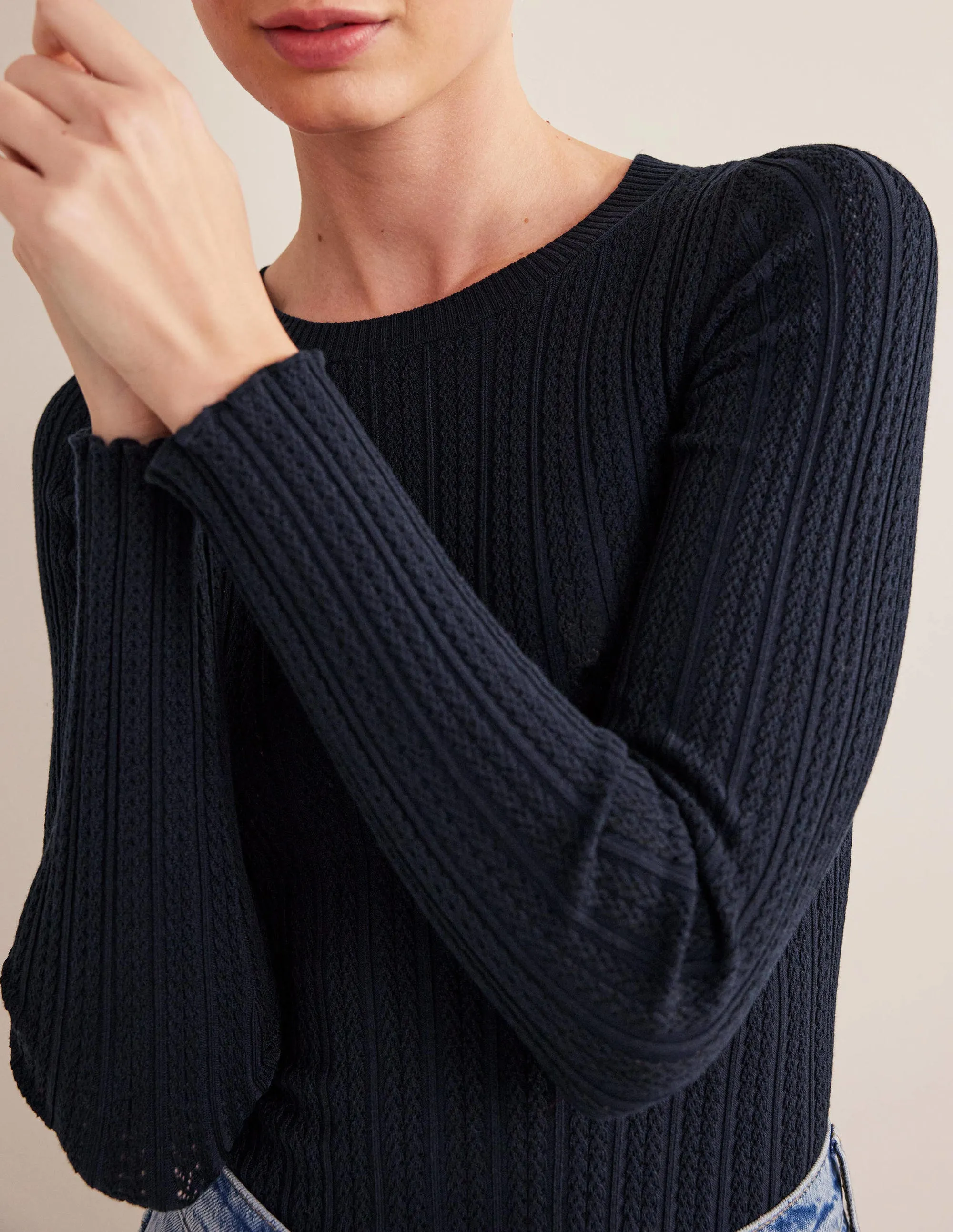 Ribbed Pointelle Top-Navy