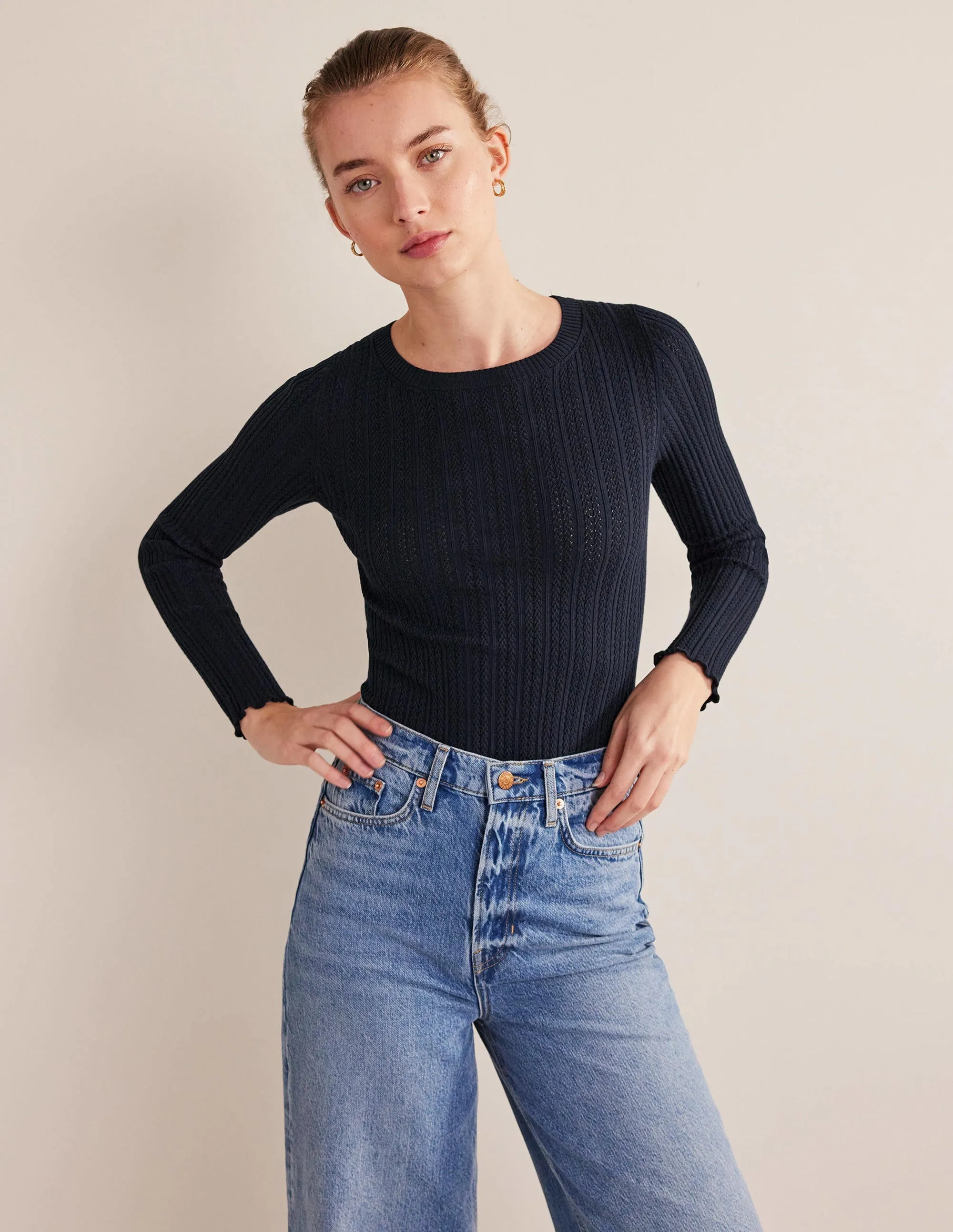 Ribbed Pointelle Top-Navy