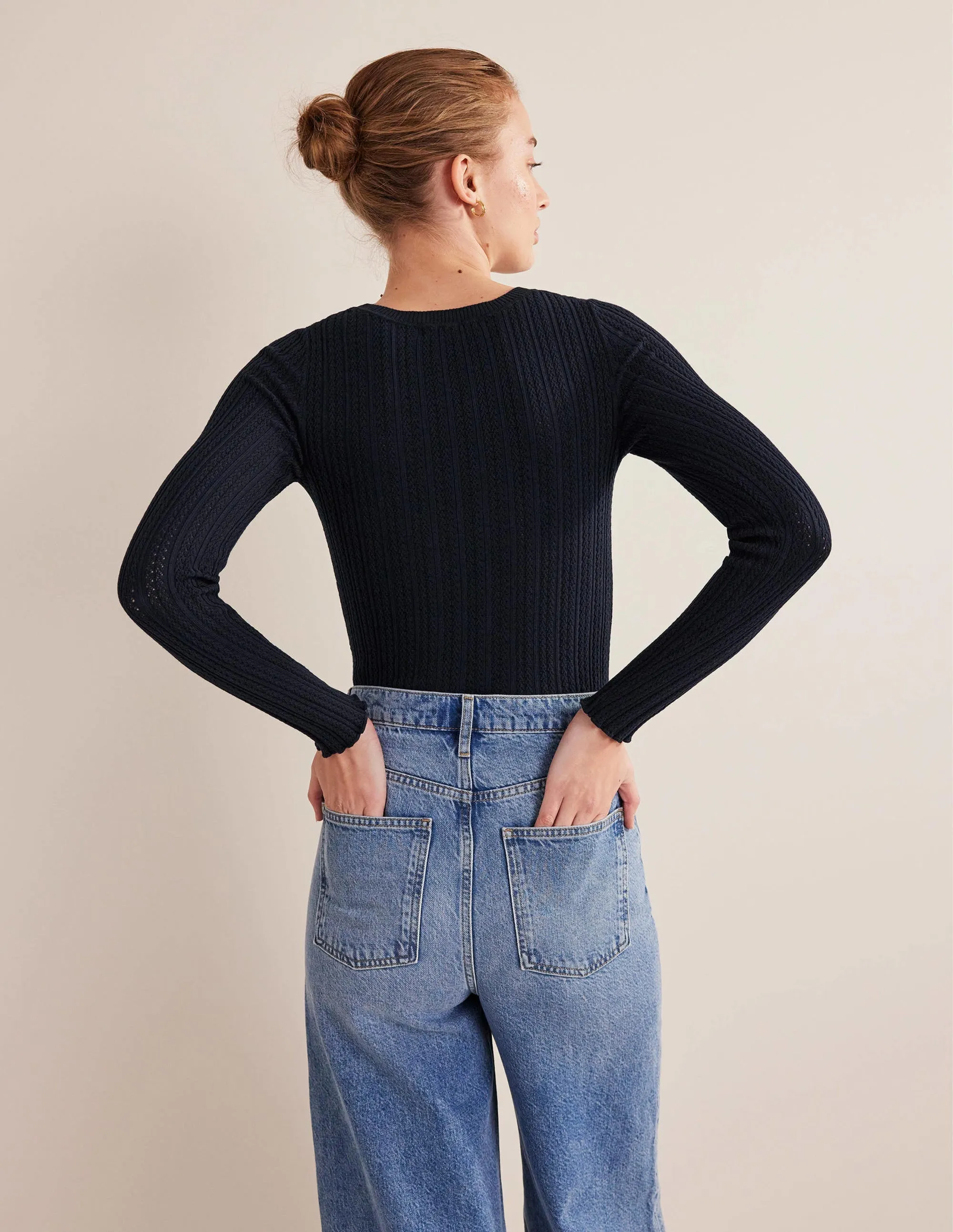 Ribbed Pointelle Top-Navy