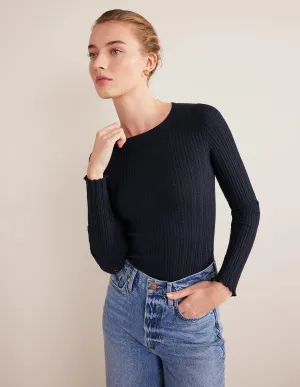 Ribbed Pointelle Top-Navy