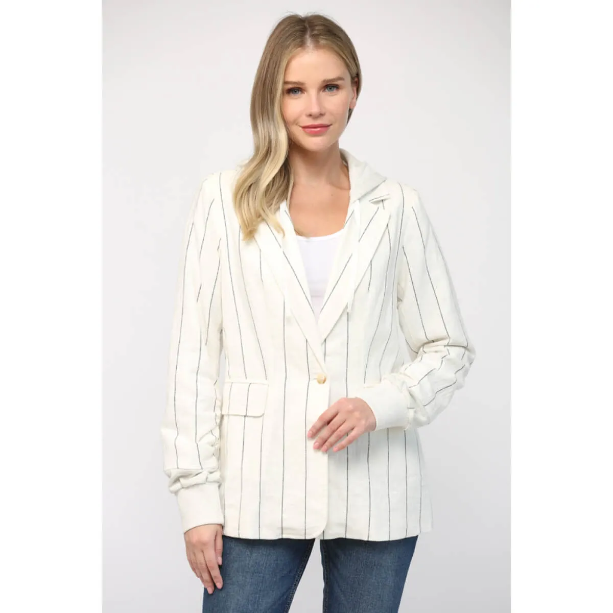 Striped Linen Hooded Blazer Jacket