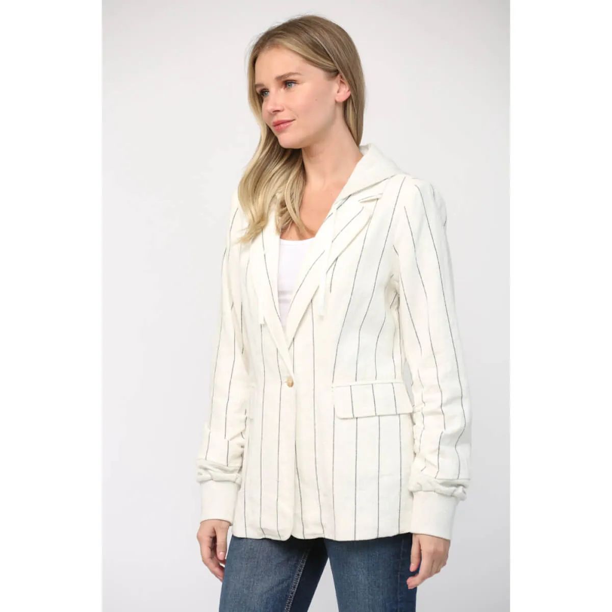 Striped Linen Hooded Blazer Jacket