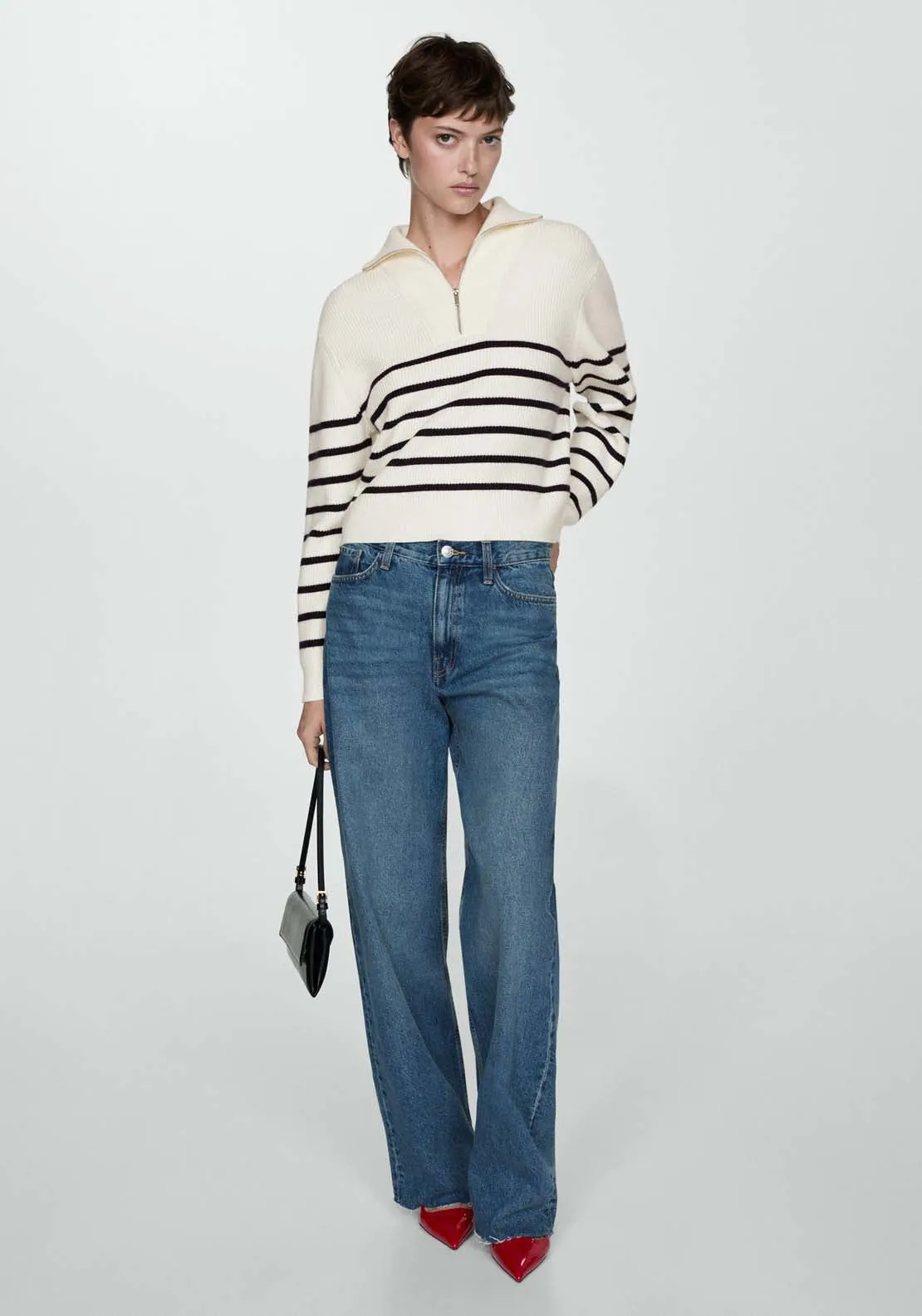 Striped sweater with zip - Navy