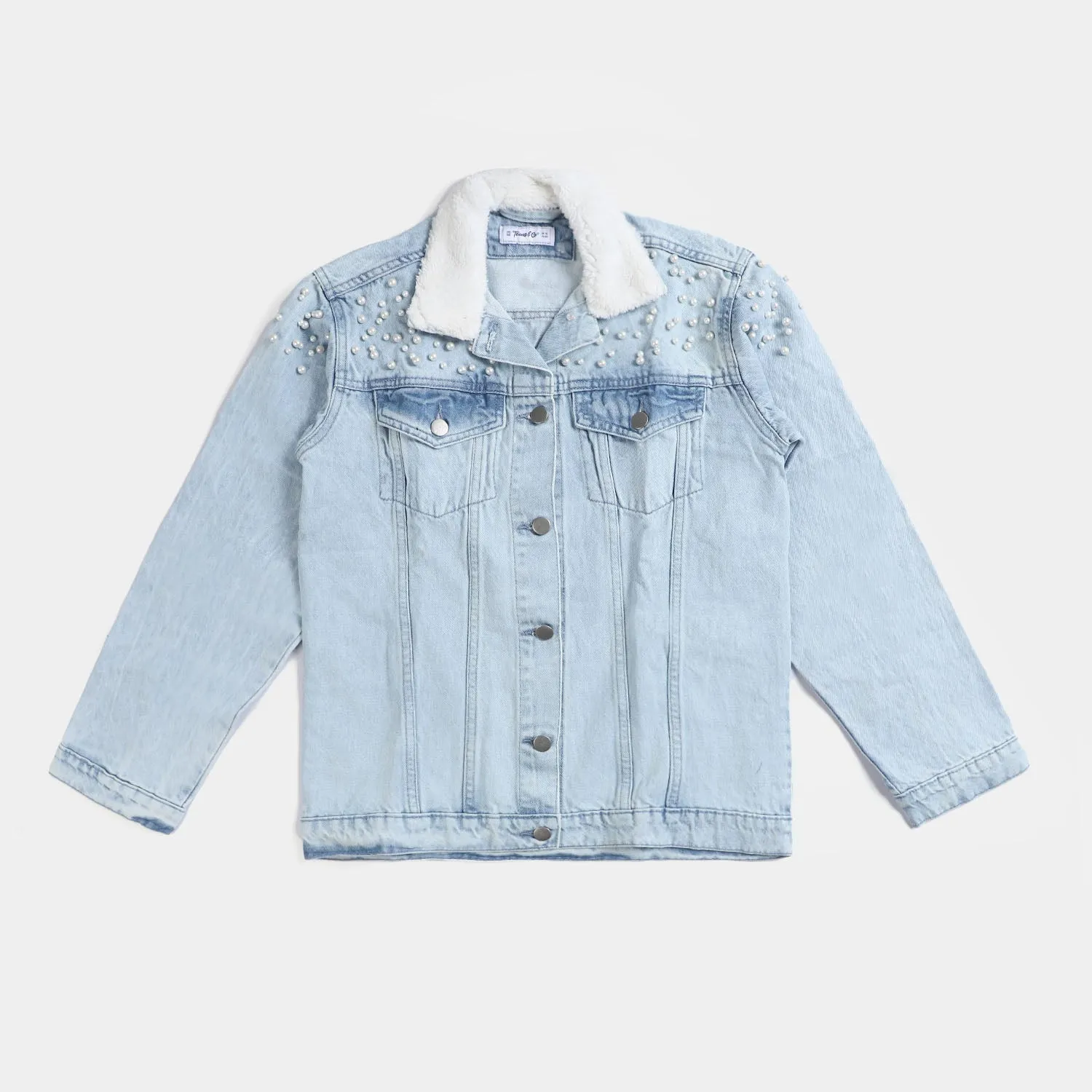 Teens Girls Denim Jacket Pearls-LIGHT BLUE