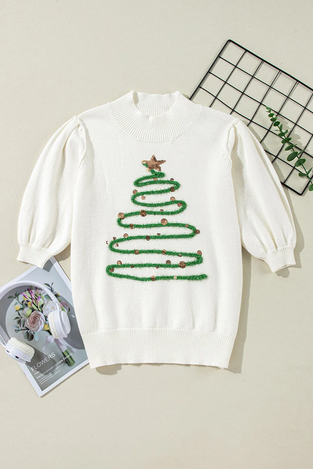 Tinsel Christmas Tree Puff Sleeve Sweater