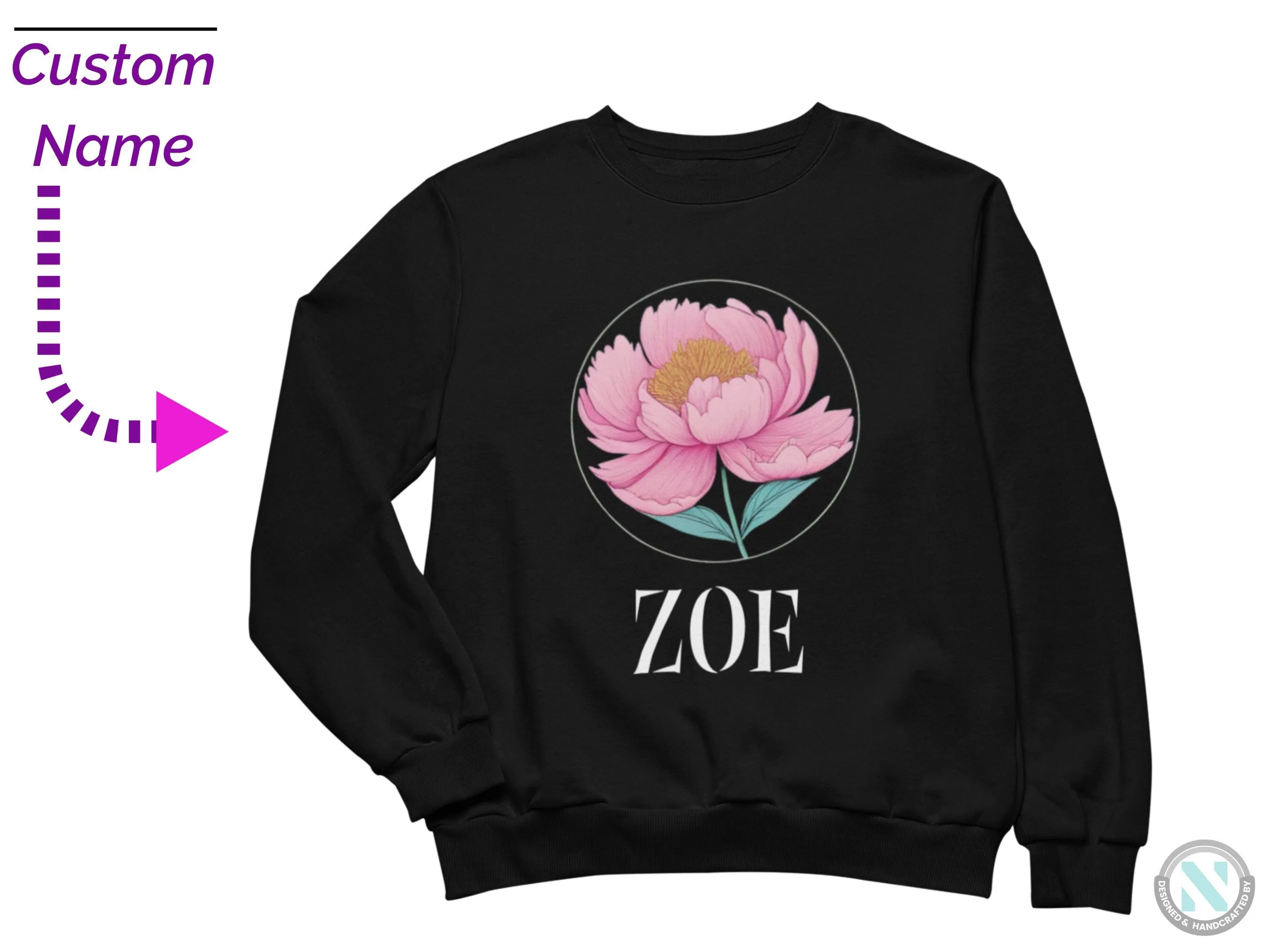 Toddler Girls Custom Name Sweatshirt with Pink Peony Flower Design