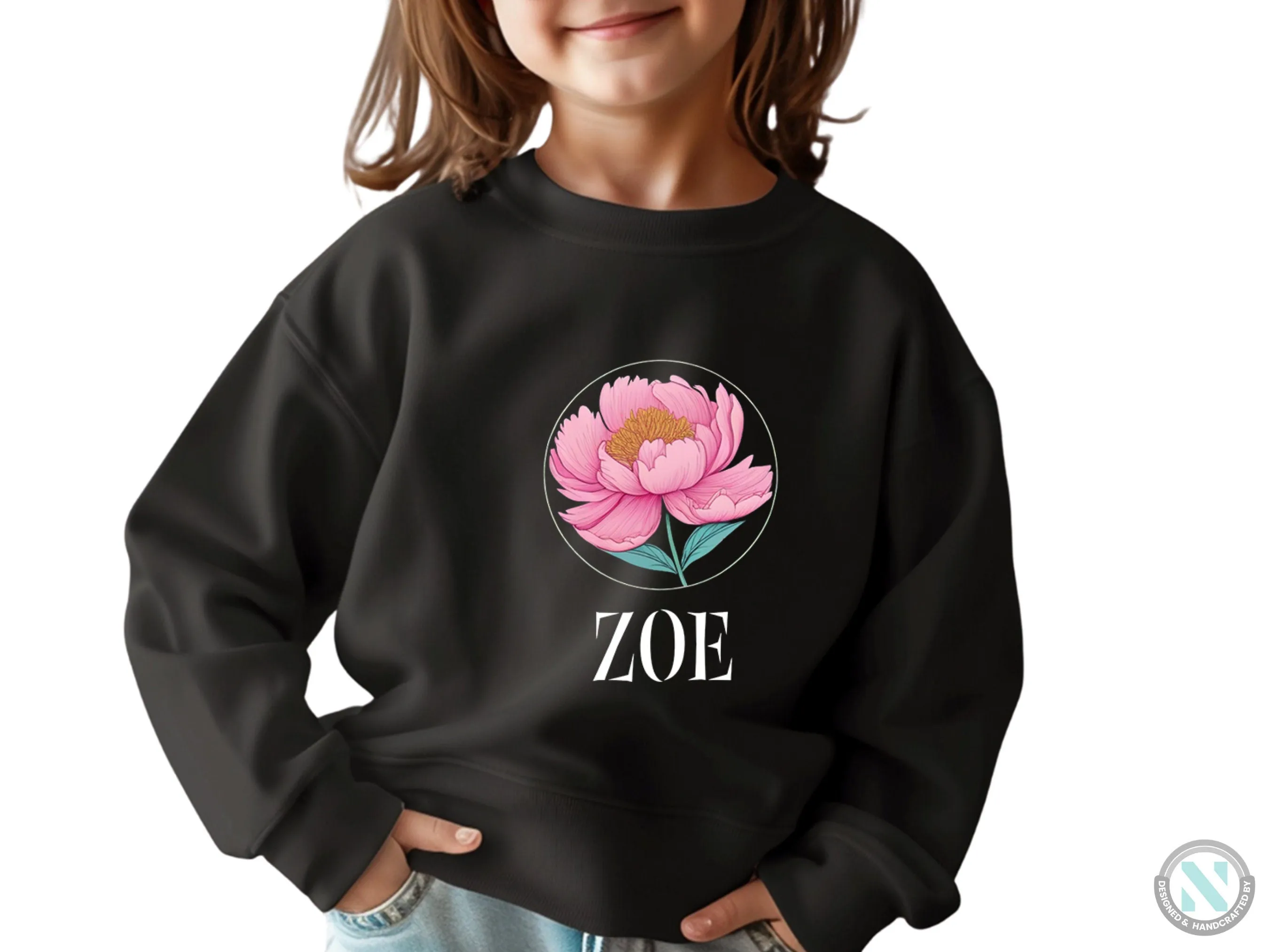 Toddler Girls Custom Name Sweatshirt with Pink Peony Flower Design