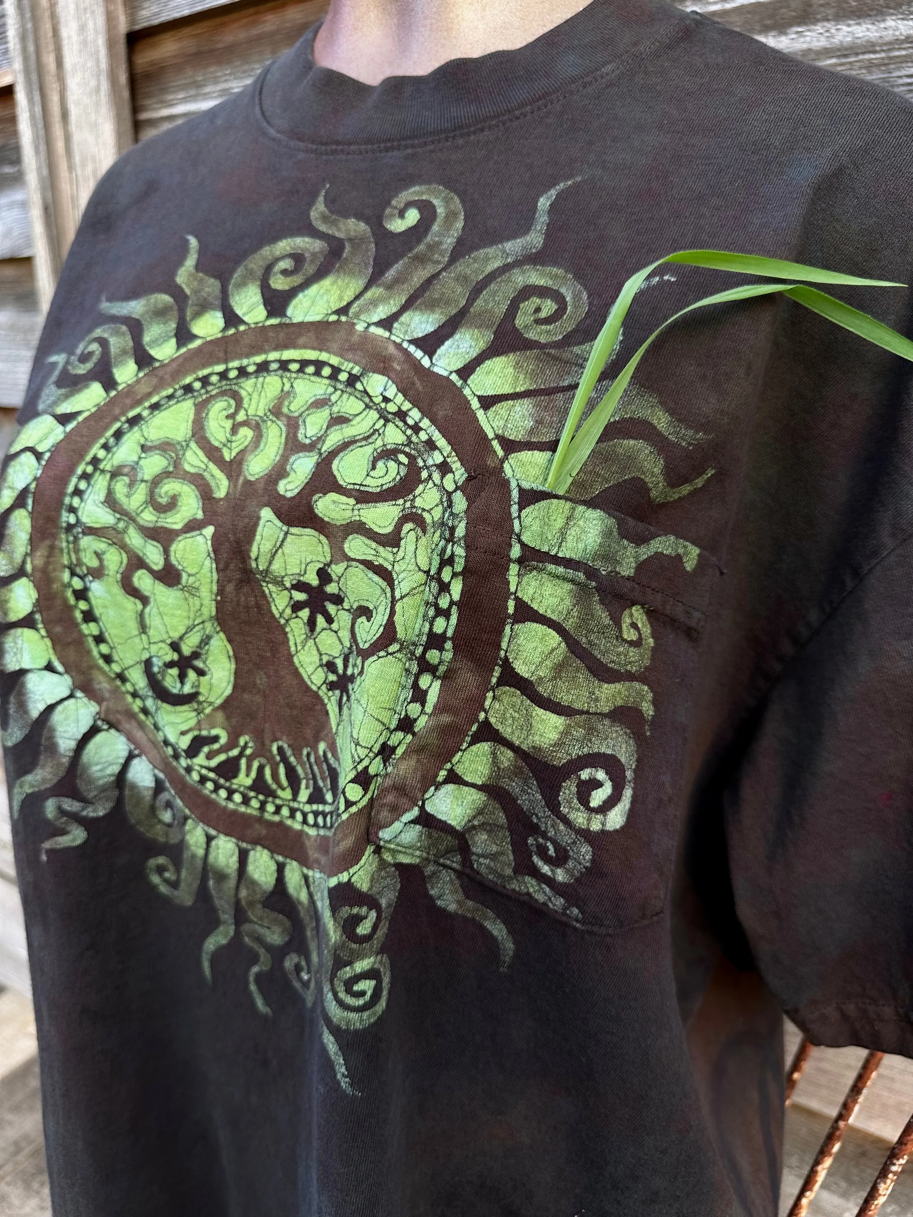 Very Dark Brown Tree of Life Handmade Batik Tshirt with Hidden Pocket